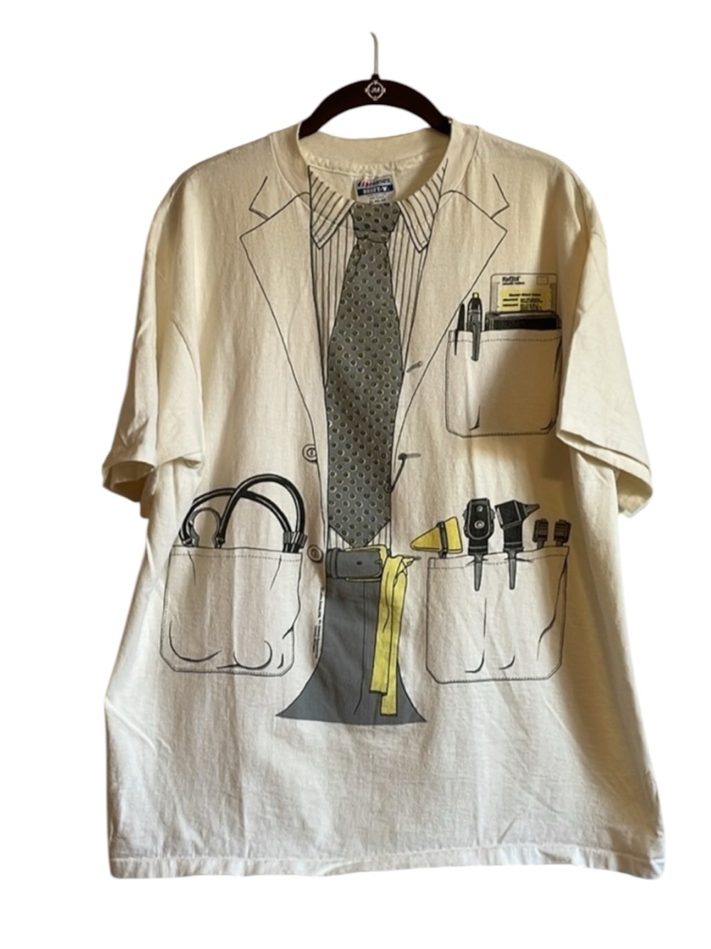 VTG Leslie Arwin Labcoat T-Shirt XL 70s Graphic Cream Doctor Single Stitch